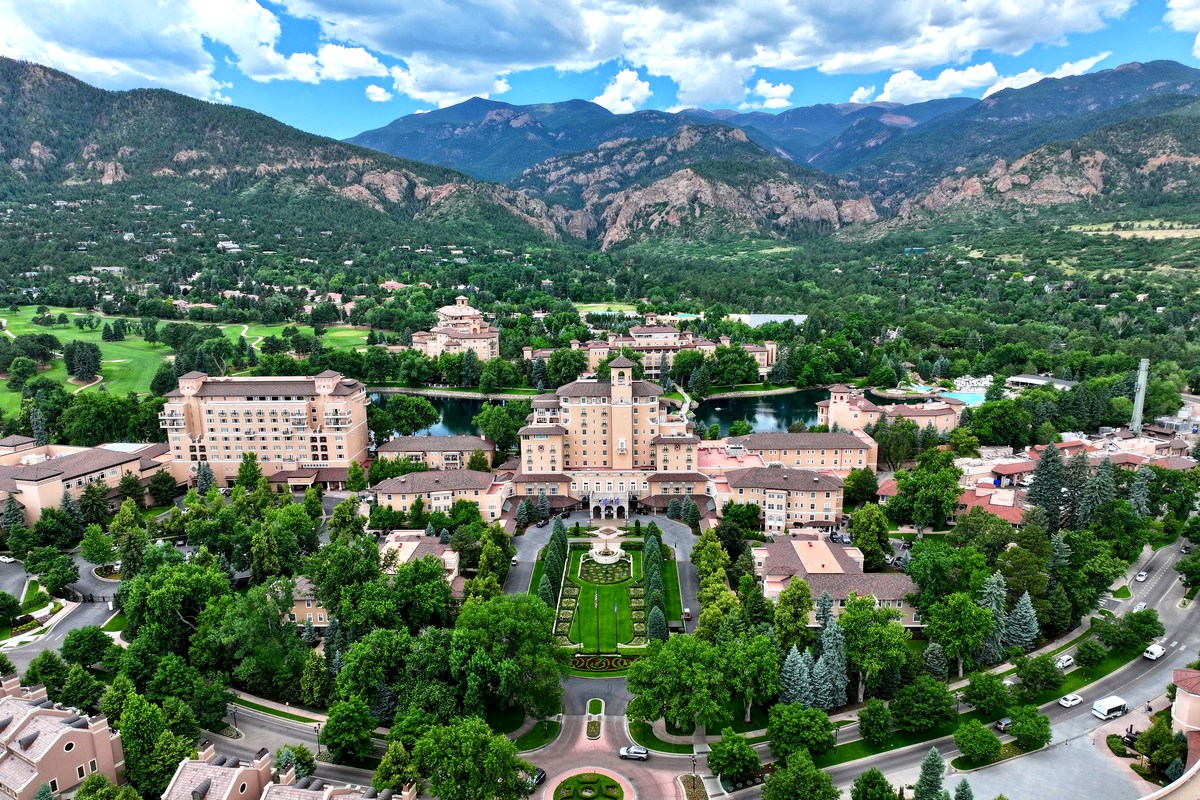 Aerial view of The Broadmoor Hotel and Cheyenne Mountain, Colorado Springs