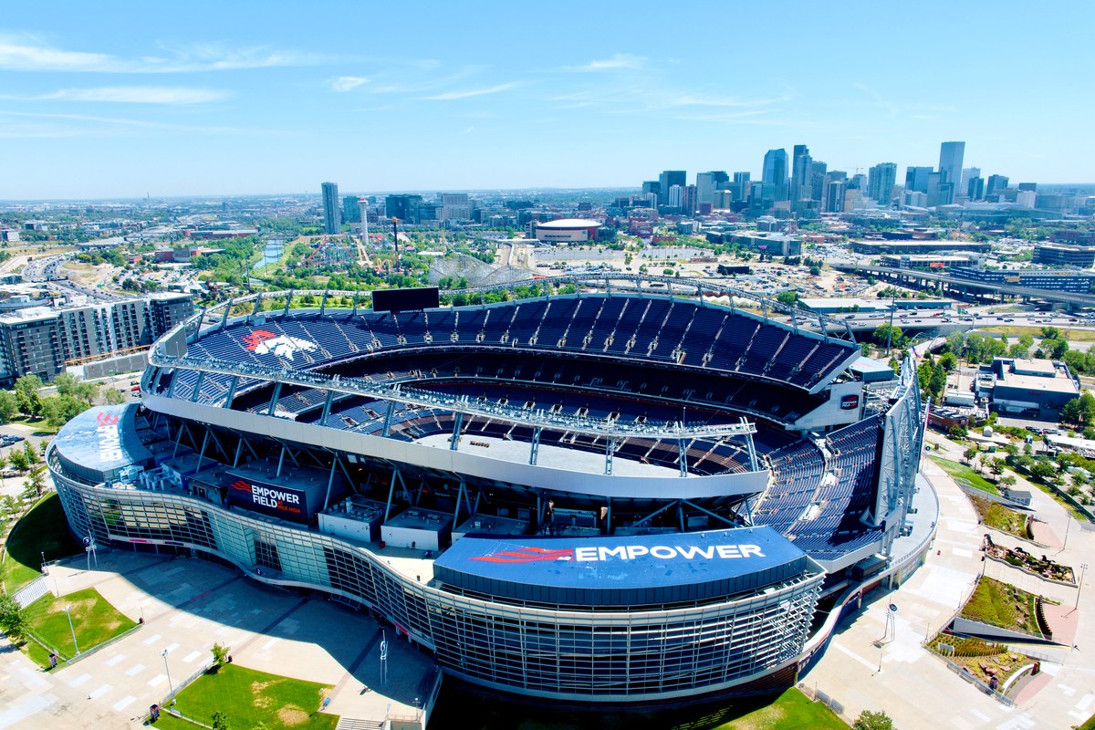 Aerial view of Empower Field at Mile High stadium with Denver skyline